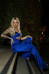 Dark Blue Cut Out Strappy Gold Detail Wide Leg Jumpsuit - Celia