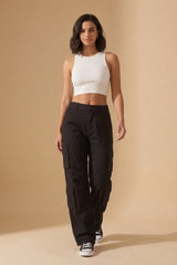 Black Cargo Wide Leg Relaxed Fit Utility Trousers - Menisa