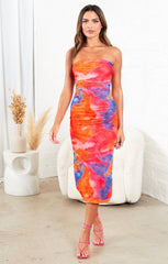 Hot Pink Mesh Printed Layered Off Shoulder Midi Dress - Lena