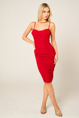 Red Mesh Ruched Bust Detail Strappy Bodycon Midi Dress - Arielle