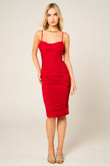 Red Mesh Ruched Bust Detail Strappy Bodycon Midi Dress - Arielle