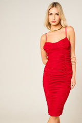 Red Mesh Ruched Bust Detail Strappy Bodycon Midi Dress - Arielle