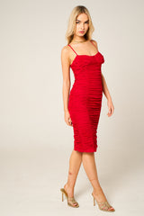 Red Mesh Ruched Bust Detail Strappy Bodycon Midi Dress - Arielle