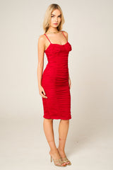 Red Mesh Ruched Bust Detail Strappy Bodycon Midi Dress - Arielle