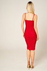 Red Mesh Ruched Bust Detail Strappy Bodycon Midi Dress - Arielle