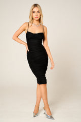 Black Mesh Ruched Bust Detail Strappy Bodycon Midi Dress - Arielle