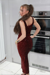 Wine Sequin Sleeveless Sparkly Bodycon Midi Dress - Romancia