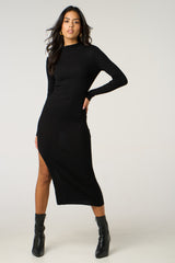Black Ribbed Knitted Long Sleeve Skinny Maxi Dress - Tallara