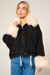 Black Denim Cream Faux Fur Fluffy Oversized Jacket - Sacha