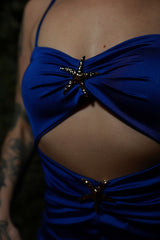 Dark Blue Cut Out Strappy Gold Detail Wide Leg Jumpsuit - Celia