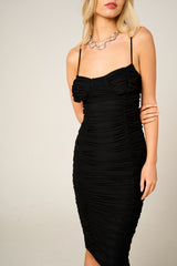 Black Mesh Ruched Bust Detail Strappy Bodycon Midi Dress - Arielle