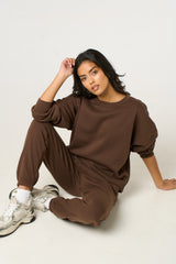 Chocolate Oversized Crew Neck Sweatshirt Cuffed Joggers Loungewear Set - Averi