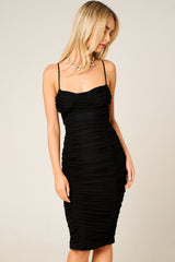 Black Mesh Ruched Bust Detail Strappy Bodycon Midi Dress - Arielle