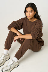 Chocolate Oversized Crew Neck Sweatshirt Cuffed Joggers Loungewear Set - Averi
