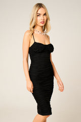 Black Mesh Ruched Bust Detail Strappy Bodycon Midi Dress - Arielle