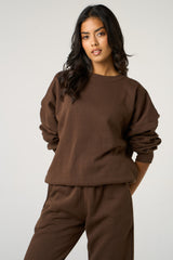 Chocolate Oversized Crew Neck Sweatshirt Cuffed Joggers Loungewear Set - Averi