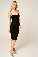 Black Mesh Ruched Bust Detail Strappy Bodycon Midi Dress - Arielle