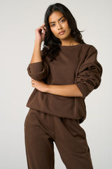 Chocolate Oversized Crew Neck Sweatshirt Cuffed Joggers Loungewear Set - Averi