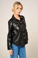 Black PU Long Sleeve Stud Detail Button Up with Pocket Shirt - Florita