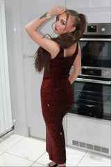 Wine Sequin Sleeveless Sparkly Bodycon Midi Dress - Romancia