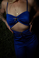 Dark Blue Cut Out Strappy Gold Detail Wide Leg Jumpsuit - Celia