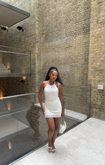 White Crochet Halter Neck Sleeveless Bodycon Backless Mini Dress - Bellamira