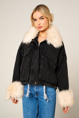 Black Denim Cream Faux Fur Fluffy Oversized Jacket - Sacha