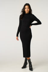 Black Ribbed Knitted Long Sleeve Skinny Maxi Dress - Tallara