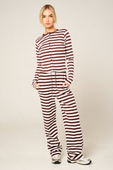 Brown Contrast Striped Molly Button Top and Wide Leg Trousers - Elisanta