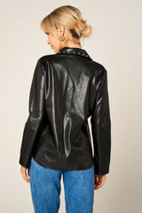 Black PU Long Sleeve Stud Detail Button Up with Pocket Shirt - Florita