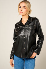 Black PU Long Sleeve Stud Detail Button Up with Pocket Shirt - Florita