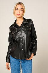 Black PU Long Sleeve Stud Detail Button Up with Pocket Shirt - Florita