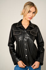 Black PU Long Sleeve Stud Detail Button Up with Pocket Shirt - Florita