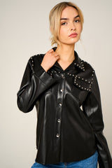 Black PU Long Sleeve Stud Detail Button Up with Pocket Shirt - Florita