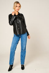 Black PU Long Sleeve Stud Detail Button Up with Pocket Shirt - Florita