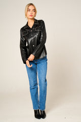 Black PU Long Sleeve Stud Detail Button Up with Pocket Shirt - Florita