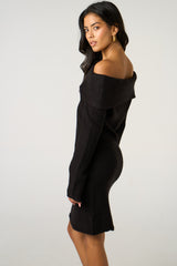 Black Bardot Neckline Ribbed Knit Mini Dress - Yalina