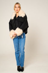 Black Denim Cream Faux Fur Fluffy Oversized Jacket - Sacha