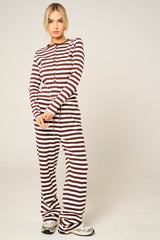 Brown Contrast Striped Molly Button Top and Wide Leg Trousers - Elisanta