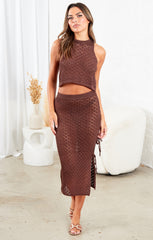 Brown Crochet Knitted Top and Midi Skirt Slit Tie Side Set Co Ord - Lily