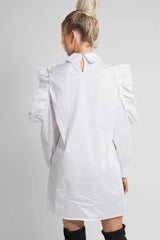 White Blair Collar Bow Dress with Open Ruffle Sleeve Detail- Terry