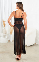 Black Mesh Strappy Bodycon Gold Detail Maxi Dress Includes Bikini Bottoms - Gloria