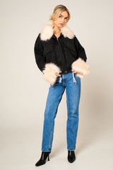 Black Denim Cream Faux Fur Fluffy Oversized Jacket - Sacha