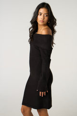 Black Bardot Neckline Ribbed Knit Mini Dress - Yalina