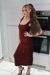 Wine Sequin Sleeveless Sparkly Bodycon Midi Dress - Romancia