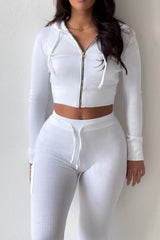 White Ribbed Zip Front Hoodie & Joggers Two Piece Set - Callie