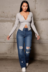 Blue Mid Wash High Waisted Wide Leg Ripped Knee Distressed Denim Jeans - Klara