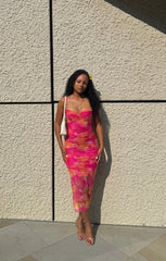 Hot Pink Mesh Printed Sleeveless Bodycon Strappy Maxi Dress - Alexia
