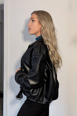 Black Oversized Faux Leather PU Biker Zip Up Moto Jacket - Rosavelle