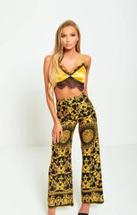 Black Lace Detail Gold Satin Strappy Crop Top Bralet - Ada